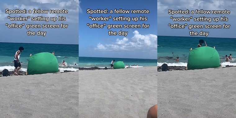 "Это гениально": удаленный сотрудник устанавливает зеленый экран, работая на пляже, что вызывает споры 