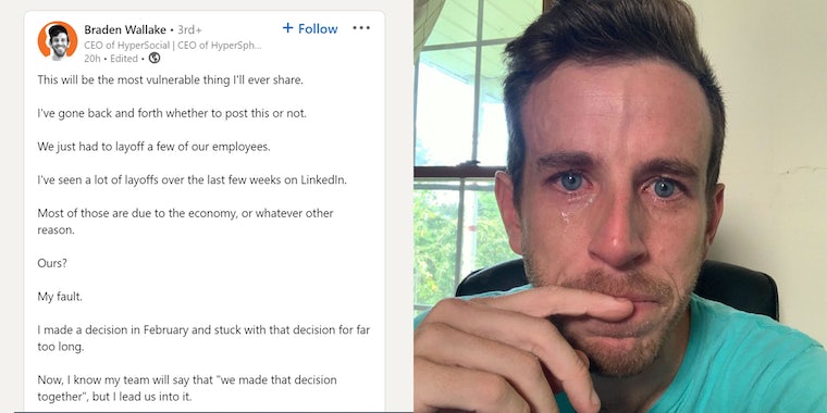 "Как мне сделать это обо мне?" Генеральный директор публикует плачущее селфи после увольнения своих сотрудников в LinkedIn 