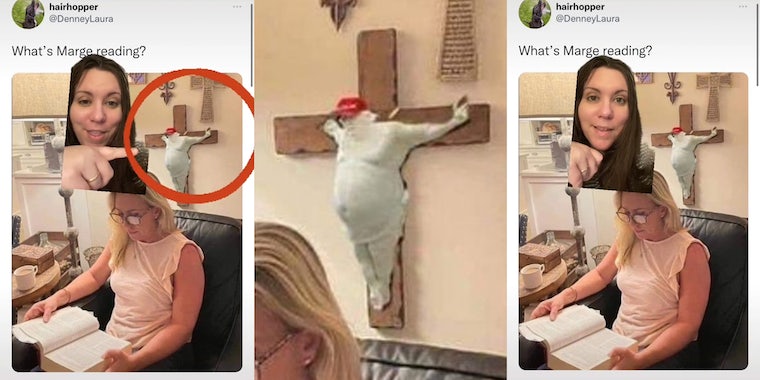 Интернет попался на Слизняковую версию Трампа, прифотошопленную к кресту в офисе Марджори Тейлор Грин. 