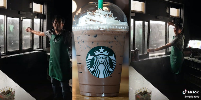 «Когда есть предупреждение о внезапном наводнении + град, но посетителям все еще нужен кофе»: бариста Starbucks продолжают работать в автосервисе во время шторма, вызывая споры 