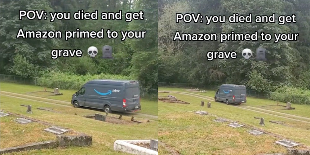 «Они заберут тебя, потому что ты не пропускаешь ни одной смены»: грузовик доставки Amazon проезжает по кладбищу в вирусном TikTok 